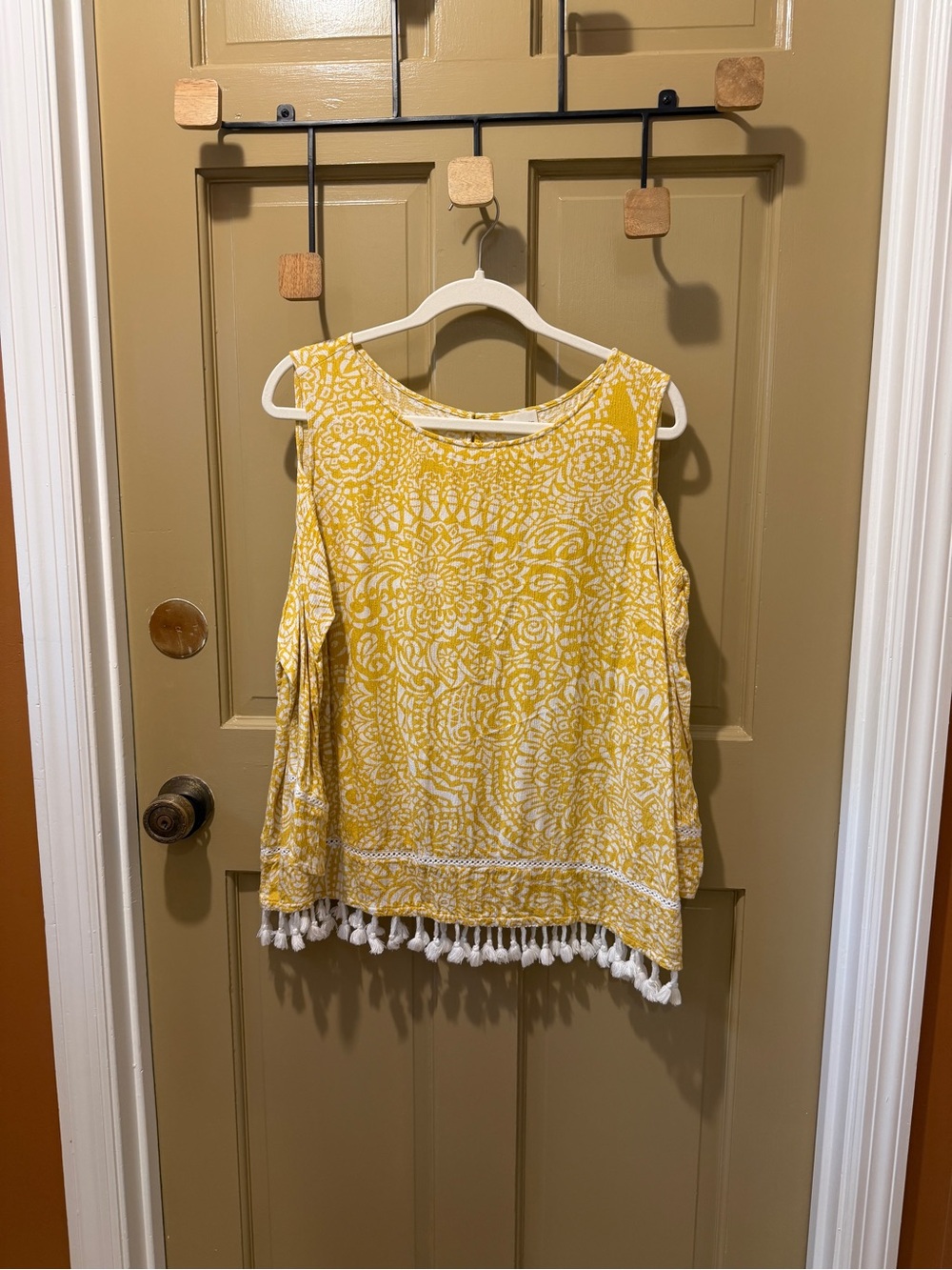 Chico’s Yellow Cold-Shoulder Tassel Hem Top